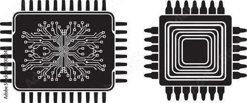 Monochrome Vector Icons of Electronic Computer Chips with Circuit Designs