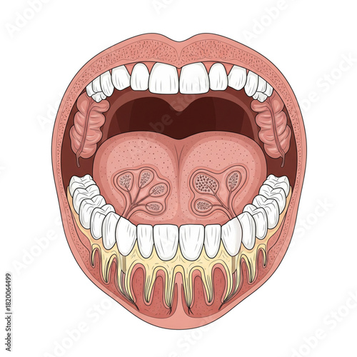 Illustration of the human mouth and taste buds on the tongue. Isolated on a white background.