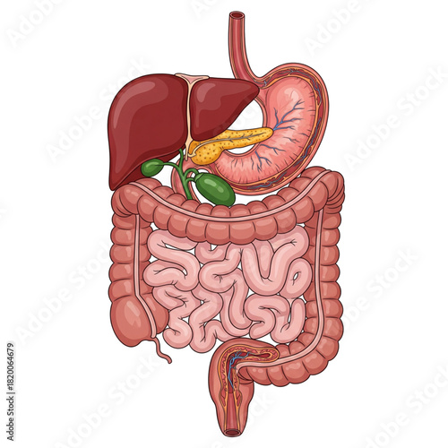 illustration of the complete human digestive system. isolated on a white background.
