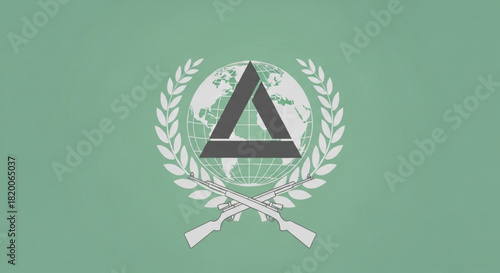 World Civil Defence Day Global Peace Alliance symbol featuring crossed rifles and a planet Earth graphic surrounded by a laurel wreath