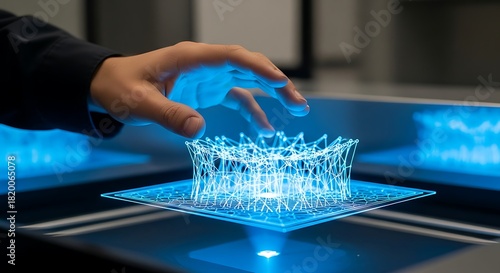 Futuristic digital interface displaying intricate geometric network with human hand interacting with technology