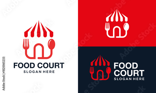 Food court logo design template illustration. food shop stand concept vector design with spoon fork symbol graphic icon