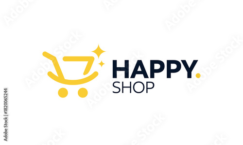 Happy shopping logo design template illustration. Shopping cart concept vector design with smile symbol graphic icon
