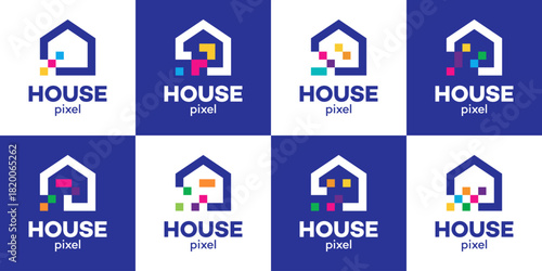 Set of digital house logo design template illustration. Modern home building concept vector design with digital pixel technology symbol graphic icon