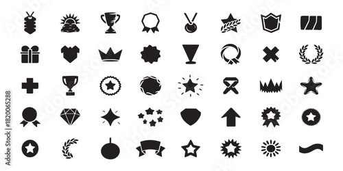 Full set of minimal silhouette reward icons, web ready medals, trophies, bonuses, gifts, recognition illustrations