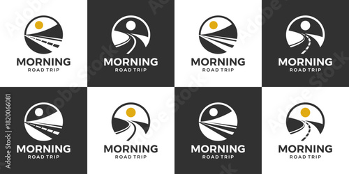 Set of morning trip logo design template illustration. Asphalt road concept vector design with sun symbol graphic icon