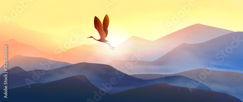 Landscape art background with hills and mountains at sunset or sunrise with a bird against the sun in watercolor style. Vector nature banner for decor, prints, wallpaper, posters, packaging