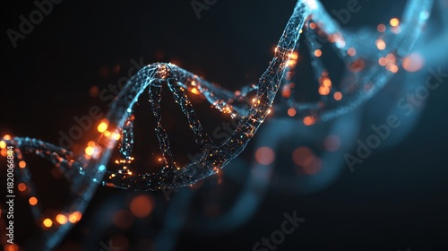 Futuristic Glowing DNA Strand with Molecular Structures & Digital Tech Elements, Biotechnology & Genetics Concept