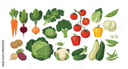 Set of fresh vegetables and fruits isolated on a white background