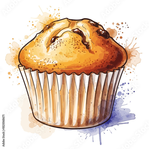 Delicious muffin with chocolate chips in a paper cup, watercolor illustration