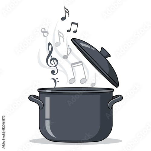 A pot with a lid emitting musical notes, symbolizing cooking and music in a playful and artistic illustration