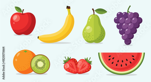 Fresh set of assorted fruits and vegetables on a white background