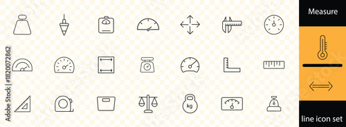 Measurement line icons set with Measure, Area, Dimension, Distance, Diameter, Meter, Width, Radius and more. Editable Stroke