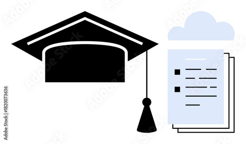 Black graduation cap with tassel beside academic documents under a cloud symbolizing online learning. Ideal for education, digital learning, success, achievement, academia, data storage, innovation