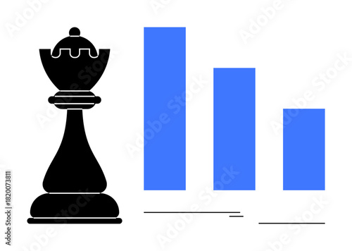 Black chess king piece alongside blue descending bar chart highlighting strategy, decision-making, and analysis. Ideal for business planning, leadership, growth insights, competition, risk