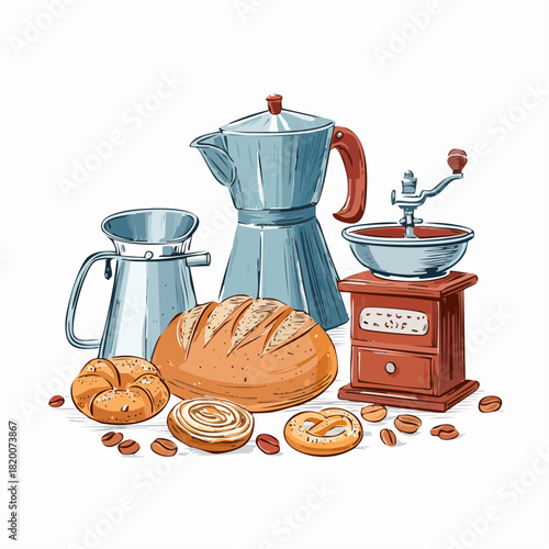 Cangkir kopi putih panas dengan biji kacang espreso dan grinder untuk sarapan pagi