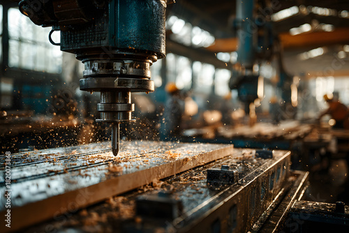 Machine tool in wood factory with drilling cnc machines. Computer numerical control.