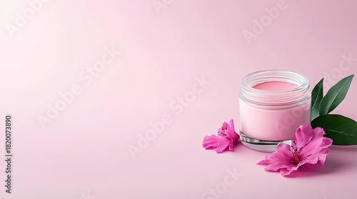 Wallpaper Mural A glass jar filled with pink cream sits on a pink surface, adorned with pink flowers and green leaves. The scene is lit with soft studio light, creating a gentl Torontodigital.ca