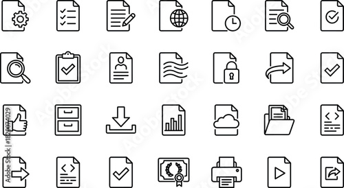 Document file management icons set including reports checklist data security download upload cloud storage, cad drawing flat vector illustration design