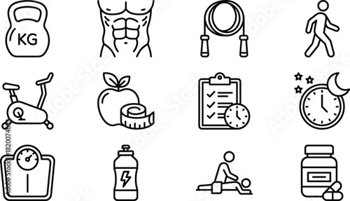 Fitness health workout icons set with diet nutrition exercise routine lifestyle training elements, cad drawing flat vector illustration design