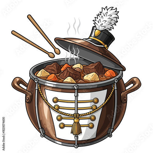 A vintage pot with a hat and chopsticks, filled with food, steam rising, and a decorative design