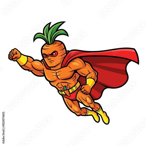 Cartoon superhero with a pineapple head flying in the air with a red cape