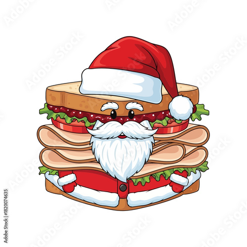 Funny cartoon sandwich with a santa claus face made from bread, lettuce, and other ingredients