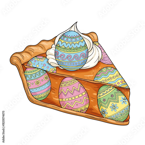 Colorful easter cake slice with decorated eggs on a wooden plate