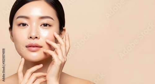 Skincare and beauty concept featuring a stunning young Asian woman with flawless, hydrated complexion and natural, radiant skin