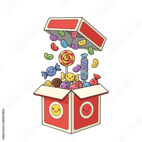 Colorful candies spilling out of a red gift box with a smiling face