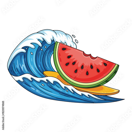 A slice of watermelon floating on a wave with a yellow rind and red juicy flesh