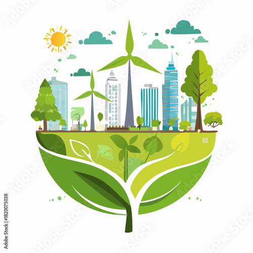 Konsep kota hijau ramah lingkungan dengan bangunan, pohon, dan energi terbarukan di lanskap perkotaan