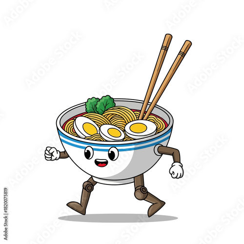 Animated bowl of ramen with chopsticks walking, smiling, and holding chopsticks
