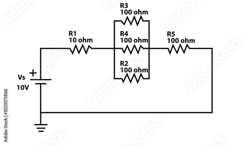 10V Battery Powered Circuit With 100 Ohm Resistors in Mixed Parallel and Series Network