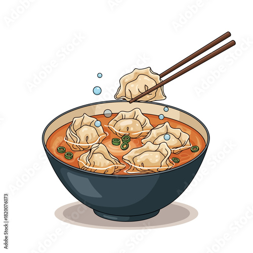 A bowl of dumplings in broth with chopsticks lifting one dumpling, illustrated in a cartoon style