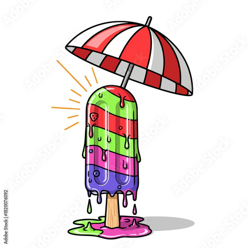 Colorful popsicle with an umbrella on top, melting and dripping