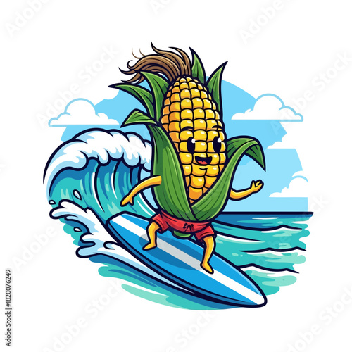 Corn character surfing on a wave with a surfboard, wearing sunglasses and a colorful swimsuit