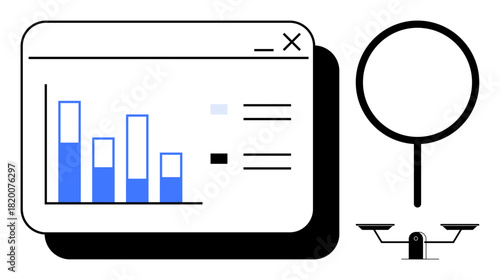 Bar chart on digital dashboard with magnifying glass and scale icon symbolizing analytics, evaluation, data-driven decisions. Ideal for business, justice, research, comparison, balance, insight