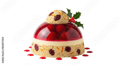 Festive christmas dessert shaped like santa s hat with berries and holly