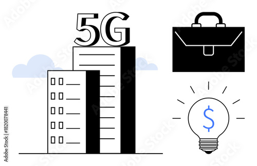 High-rise buildings topped with 5G text, briefcase symbolizing business, and lit lightbulb with dollar sign. Ideal for technology, business, innovation, investment, networking, communication global