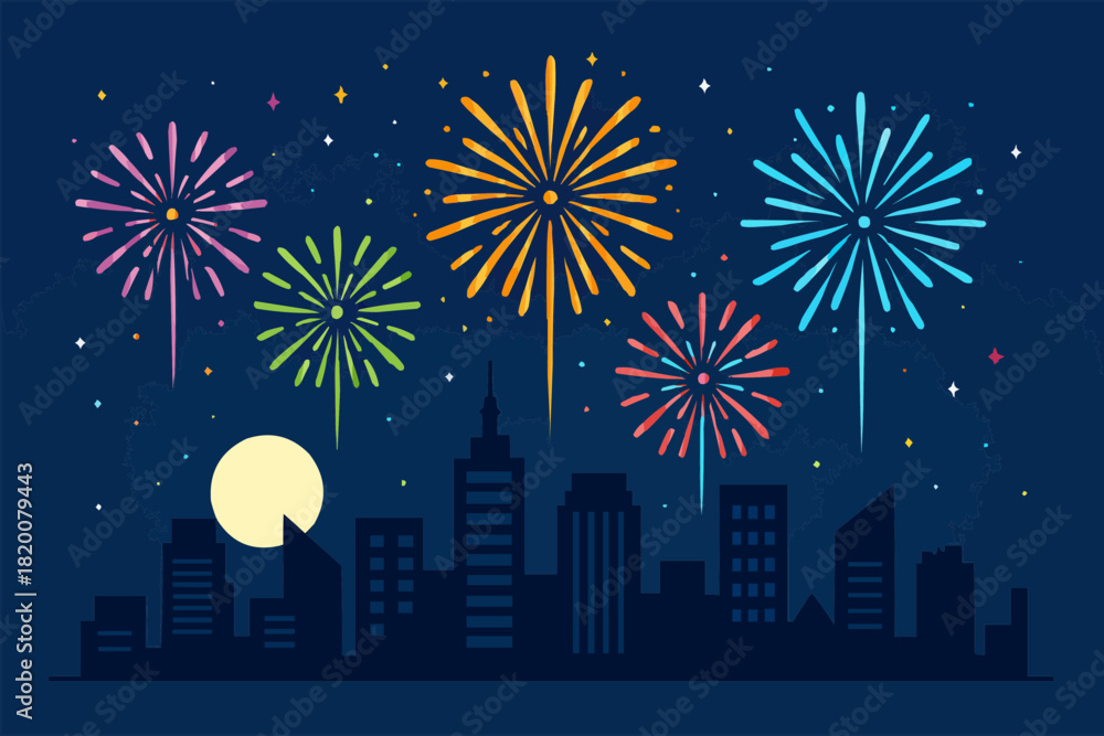 Fototapeta premium Fireworks Over City Skyline New Year Vector