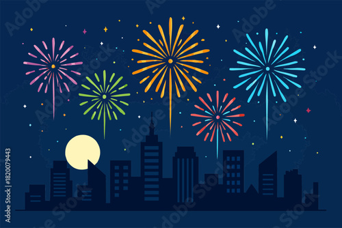 Fireworks Over City Skyline New Year Vector