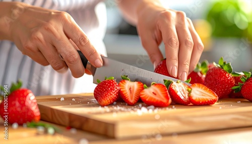 Slicing Fresh Strawberries - A Culinary Preparation for a Healthy Dessert.