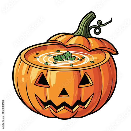 Halloween pumpkin with carved face filled with soup and garnish