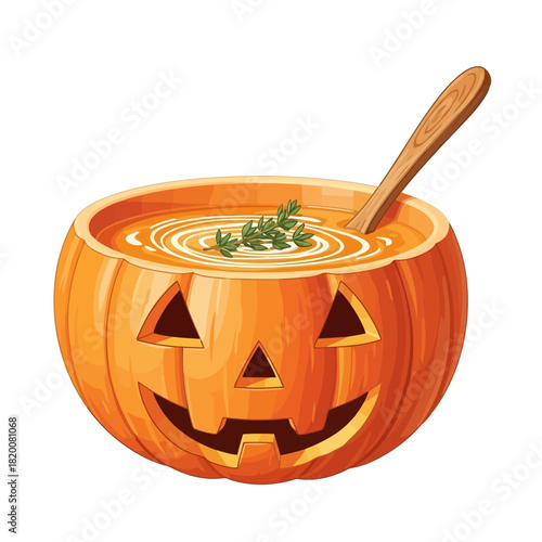 Pumpkin carved like a jackolantern filled with creamy soup and garnished with herbs