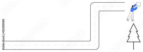 Navigation concept. A person holding a map by a road bend and tree s navigation and direction. Navigation aids decision-making, urban planning, travel apps, education