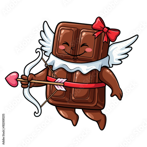 Cute chocolate bar with wings, bow, and heart arrow, symbolizing love and valentines day