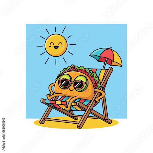 Cartoon sun lounger with a smiling face, sunglasses, and an umbrella on a beach under a sunny sky