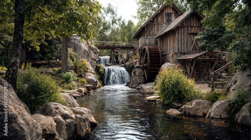 Picturesque landscape with a historic grist mill a waterfall a stream and lush greenery