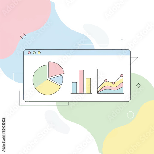 Vector illustration of a business analytics dashboard in a web browser window displaying colorful data visualization charts and graphs
